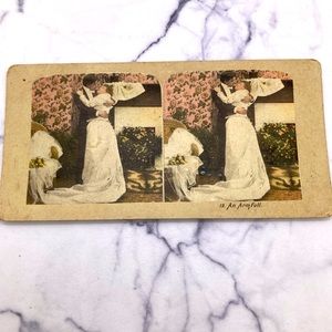 Vintage Stereoscope Photo Card “An Armful” Wedding Bride and Groom Colorized